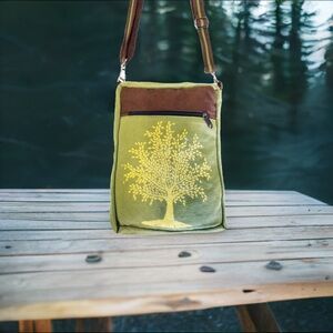 Elegant Green and Brown Crossbody Bag with Tree Design